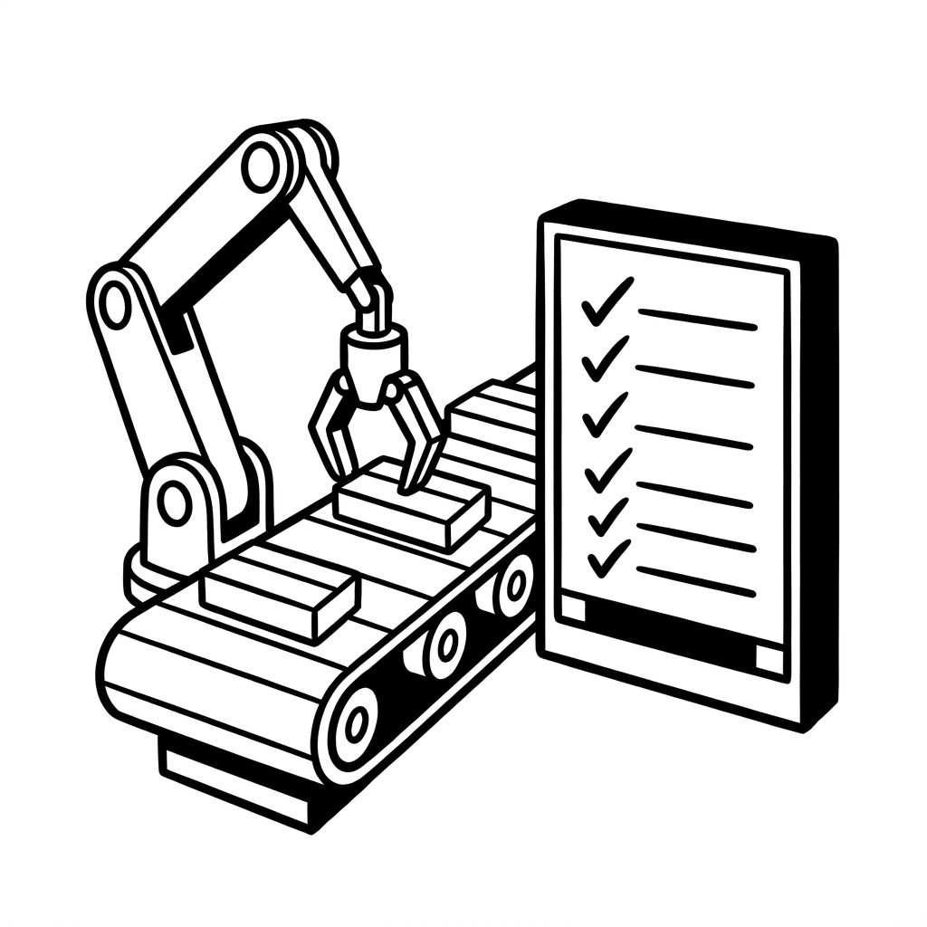 Ein Roboterarm arbeitet in einer Fertigungslinie, daneben ein Bildschirm mit Auftragsliste