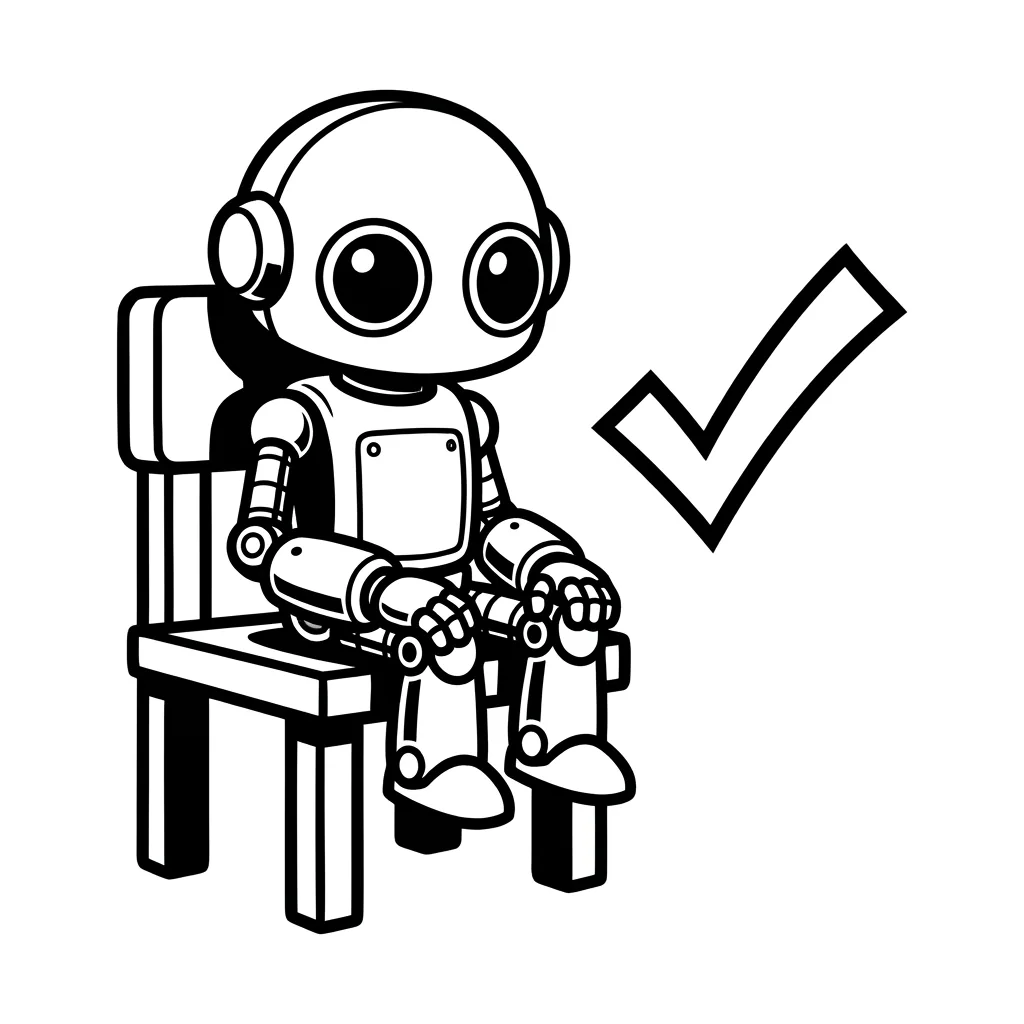 A robot tests a chair by sitting on it, a check mark beside it