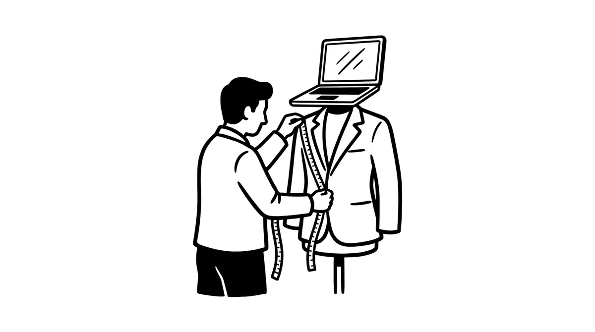 A tailor with a tape measure fits a jacket on a dressmaker's dummy whose head is a laptop screen