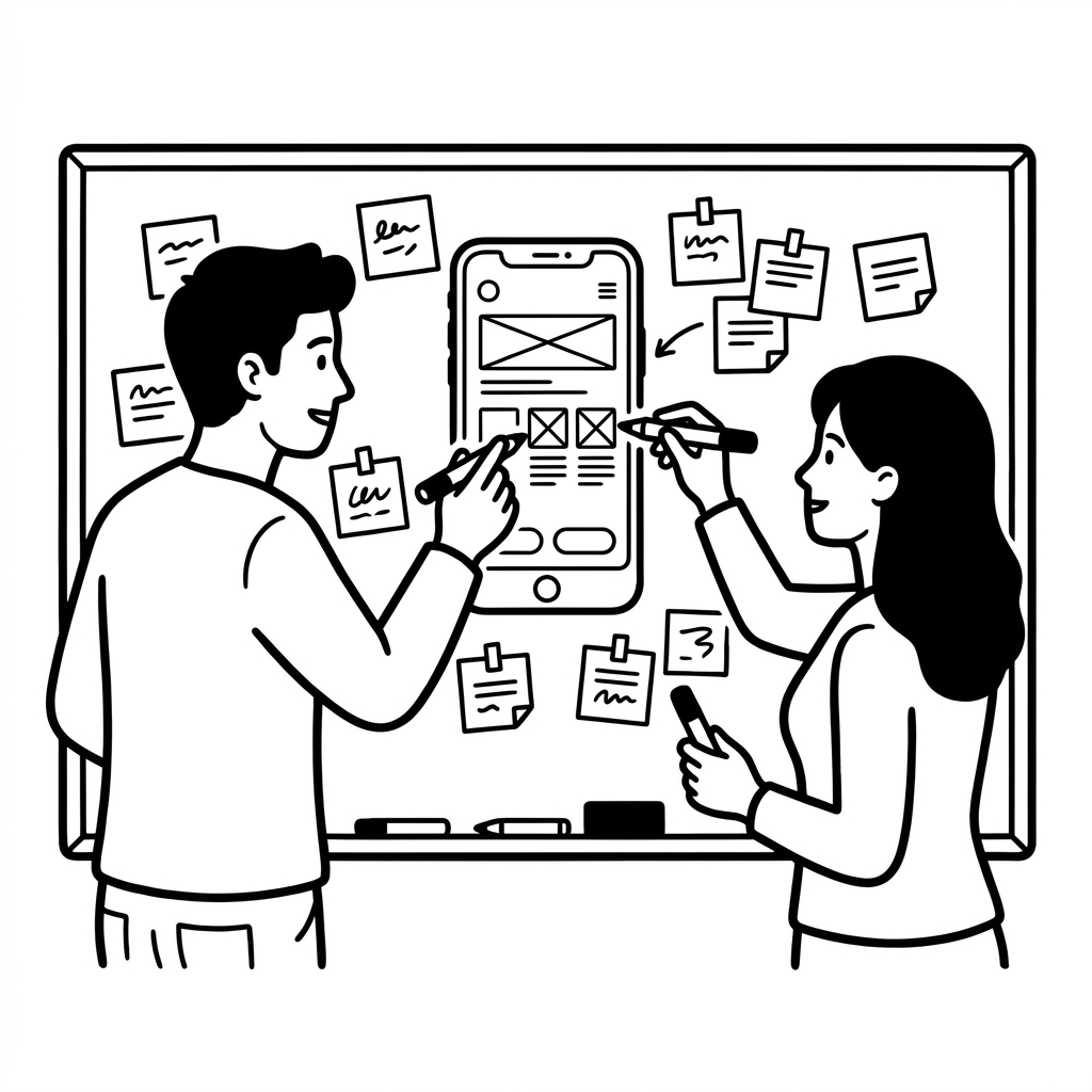 Zwei Personen zeichnen an einem Whiteboard einen App-Bildschirm mit Haftnotizen