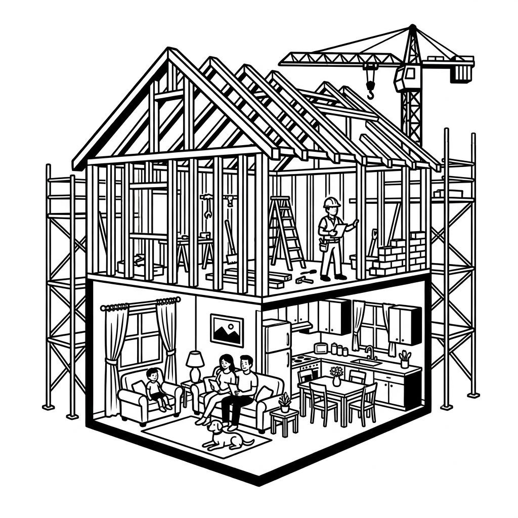 Ein Haus wird Stockwerk für Stockwerk gebaut, im Erdgeschoss wohnt schon eine Familie