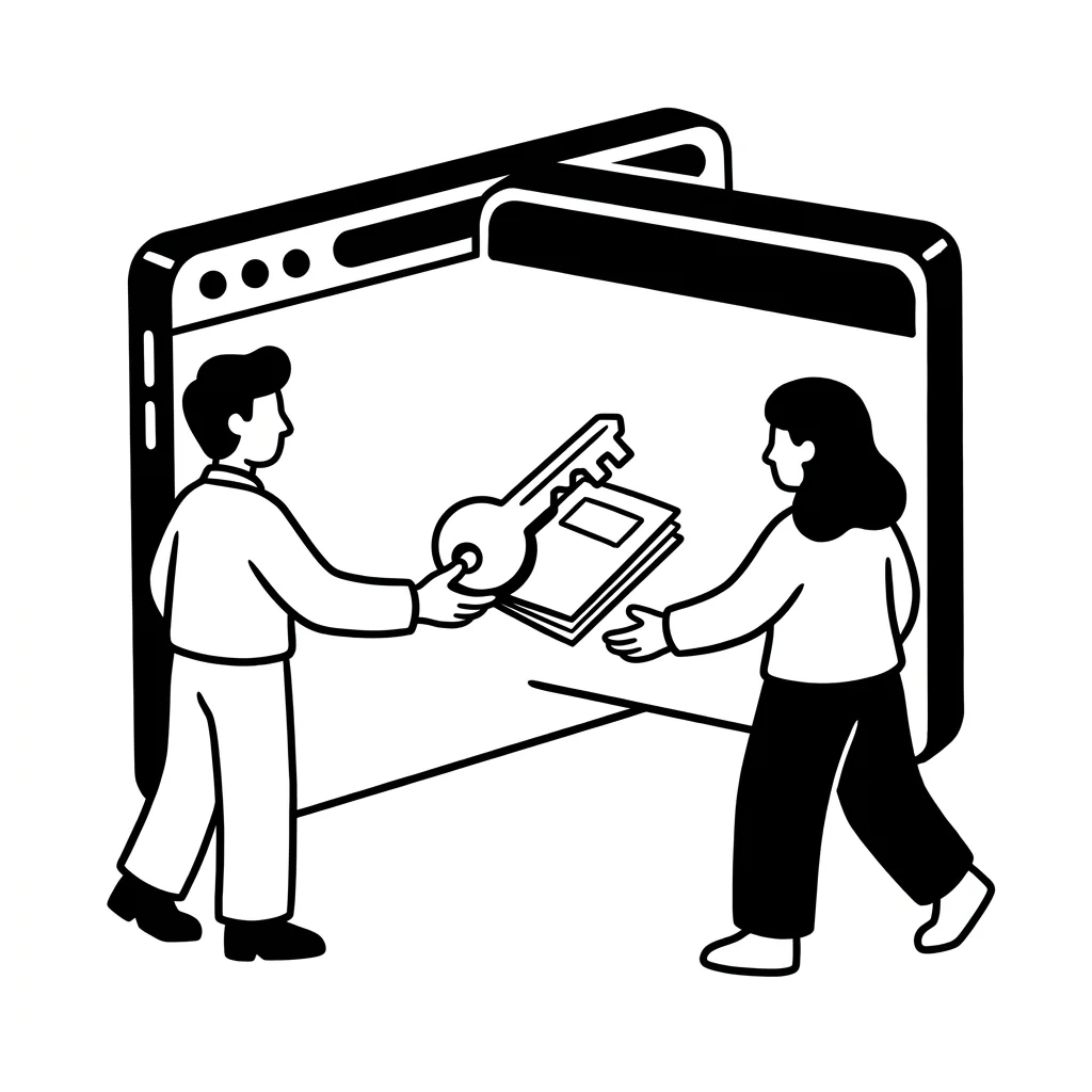 A person hands over keys and a manual for a shiny new vehicle shaped like an app window