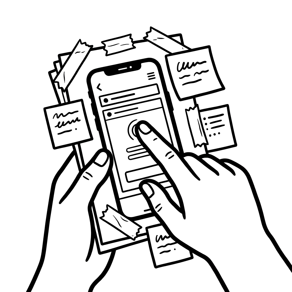 Eine Person tippt auf einen Papier-Prototyp eines App-Bildschirms, mit Klebezetteln drumherum