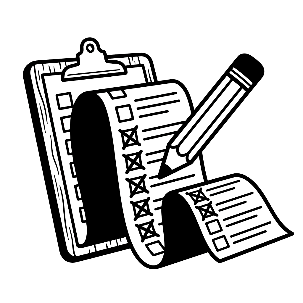 Eine lange Checkliste auf einem Klemmbrett, ein Stift streicht mehrere Punkte durch