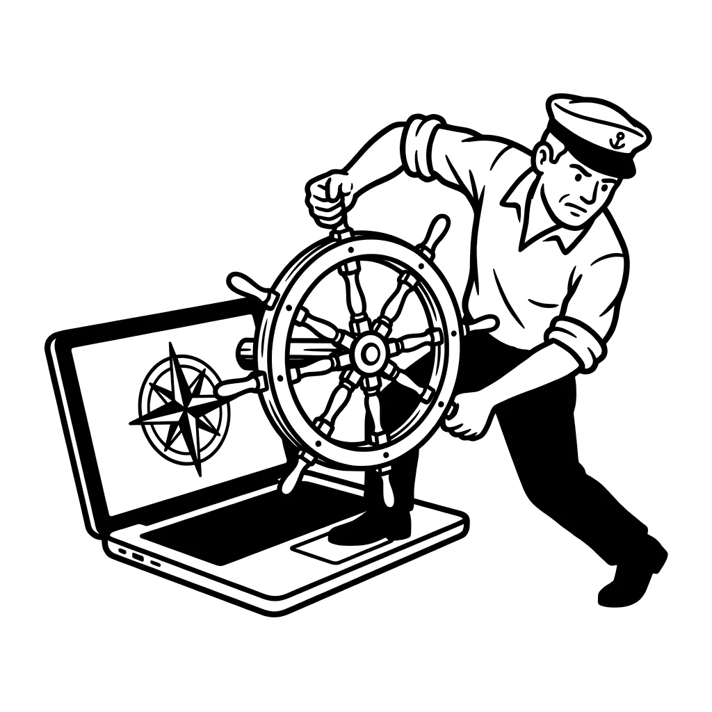 A person turns a steering wheel attached to a laptop