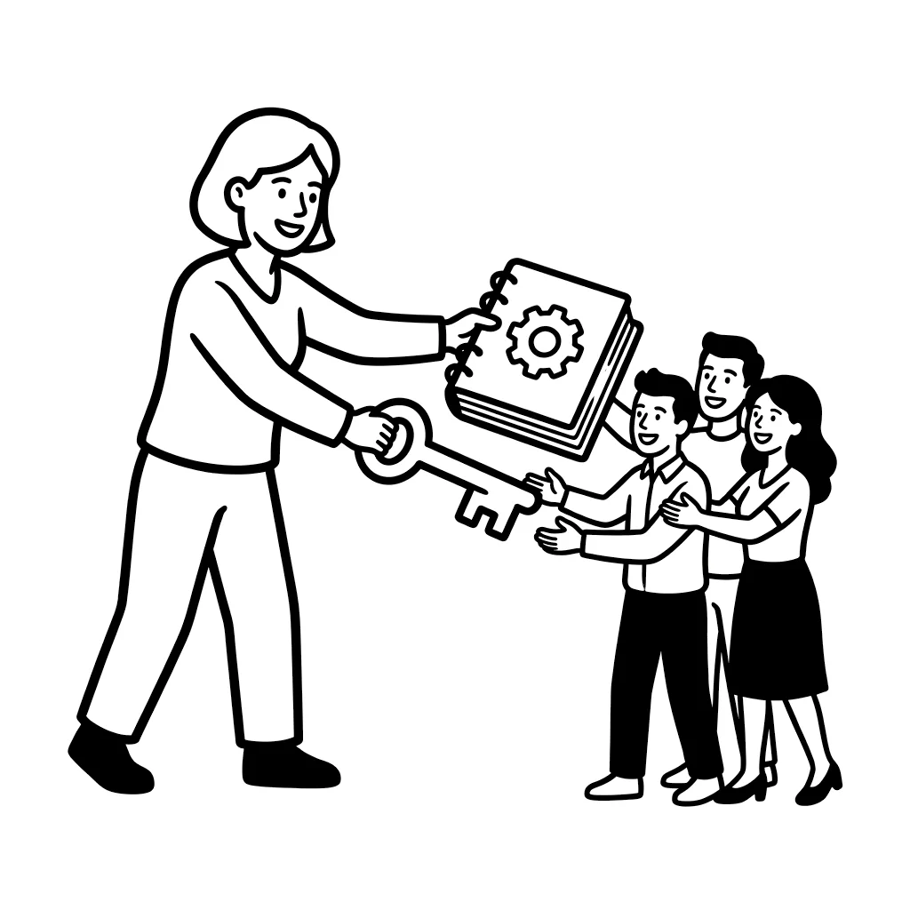 A person hands a large key and a manual to a small team