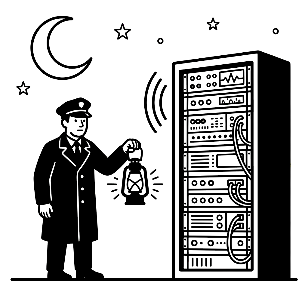 Ein Nachtwächter mit Laterne neben einem Server-Schrank unter der Mondsichel