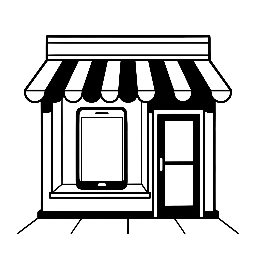Ein Schaufenster, dessen Auslage ein Smartphone-Bildschirm ist