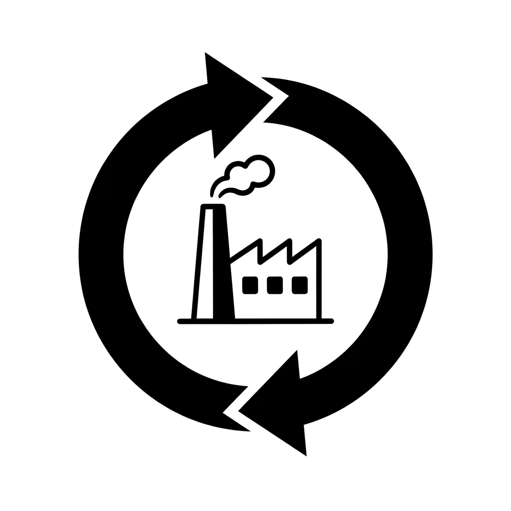 A loop of arrows leads through a small factory