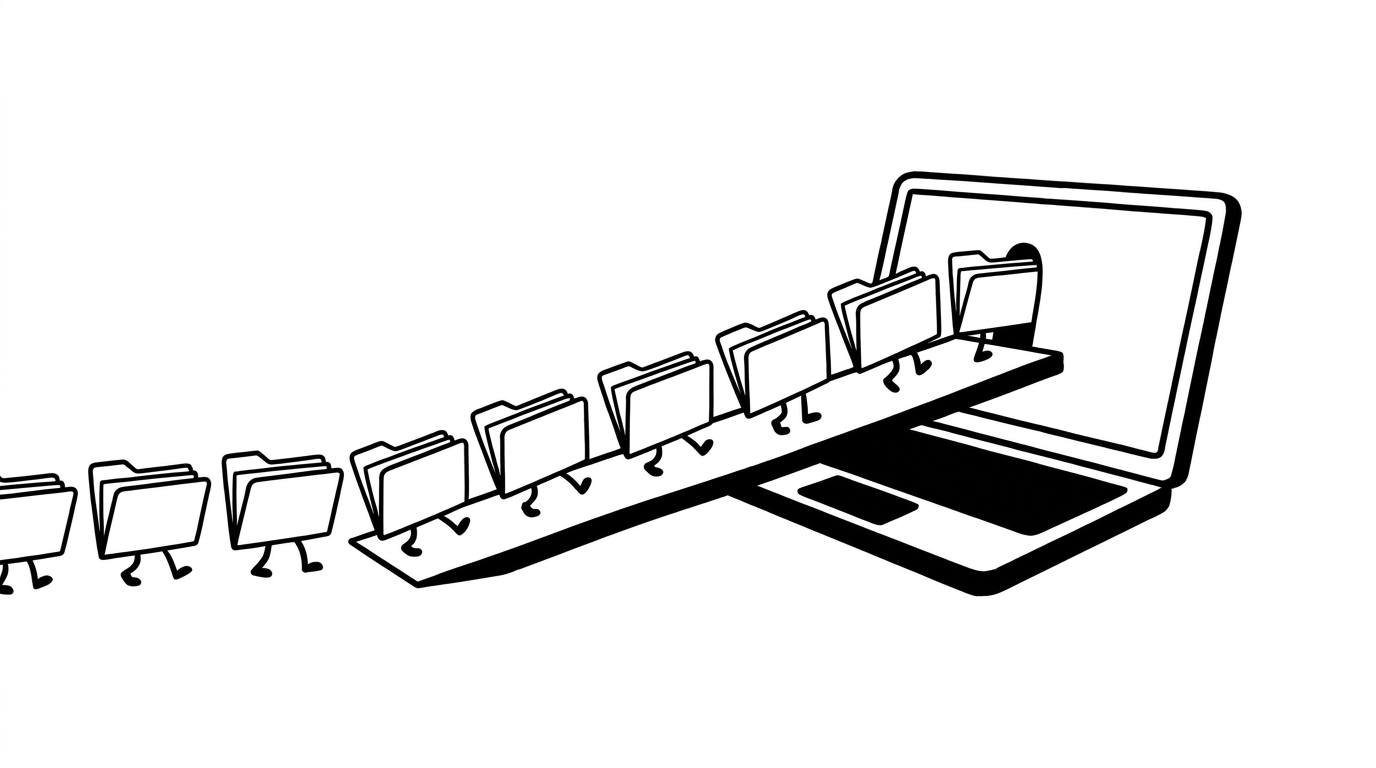 Eine Schlange von Papierordnern mit kleinen Beinen läuft eine Rampe hinauf in einen Laptop-Bildschirm