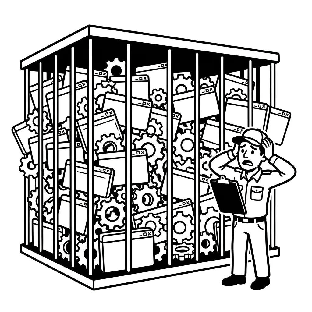 A zoo cage full of small software icons as animals