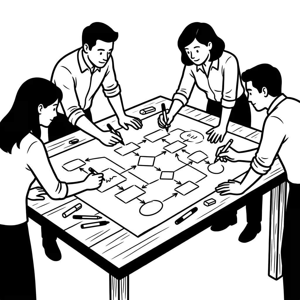 People draw a process together on a large sheet of paper