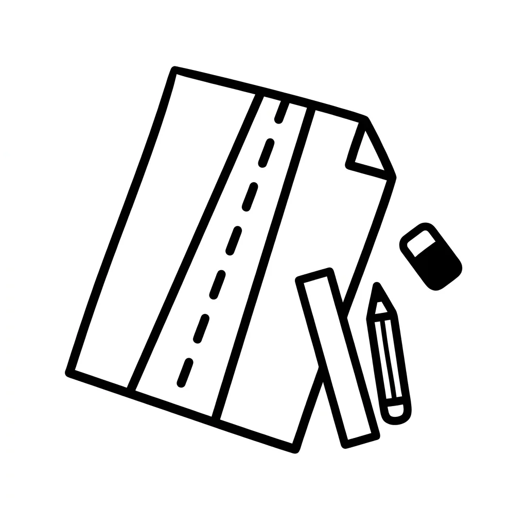 A drawing of a straight road with a few tools lying on it