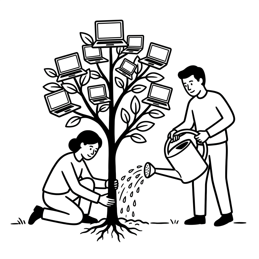 Eine Person pflanzt einen kleinen Baum mit einem Laptop-Blatt, andere gießen