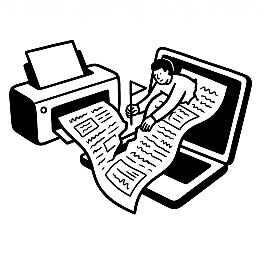 Eine gedruckte Seite läuft in einen Laptop und reißt in der Mitte, eine Person markiert die Stelle mit einem Fähnchen