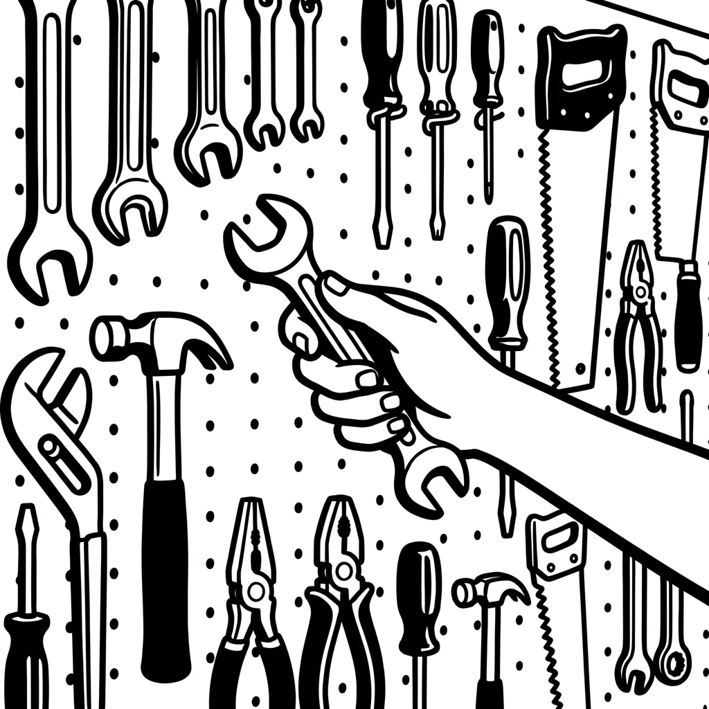 A hand takes a wrench from a tool board full of tools