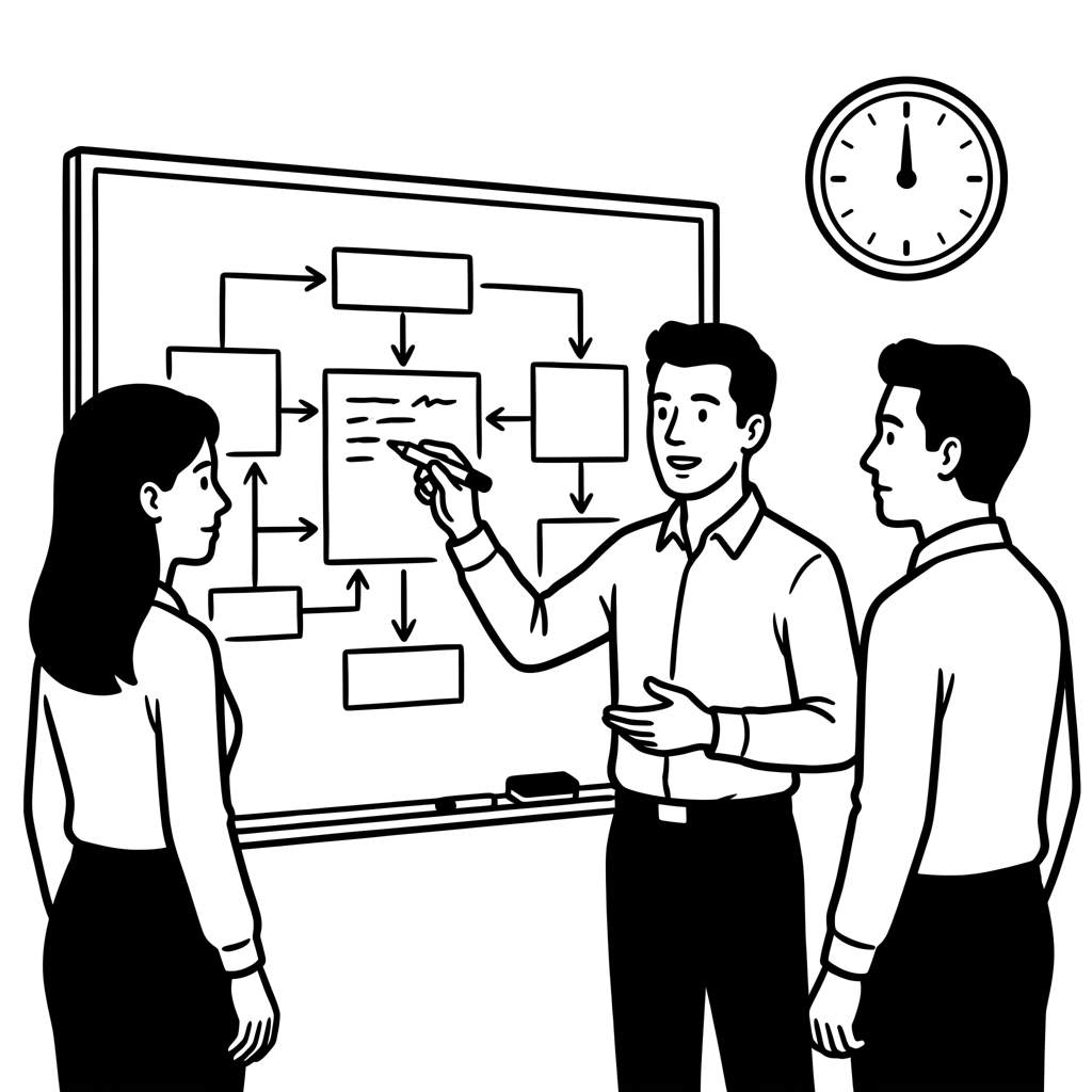 Eine Person erklärt am Whiteboard ein Ablaufdiagramm, an der Wand eine Anzeige mit steigendem Zeiger