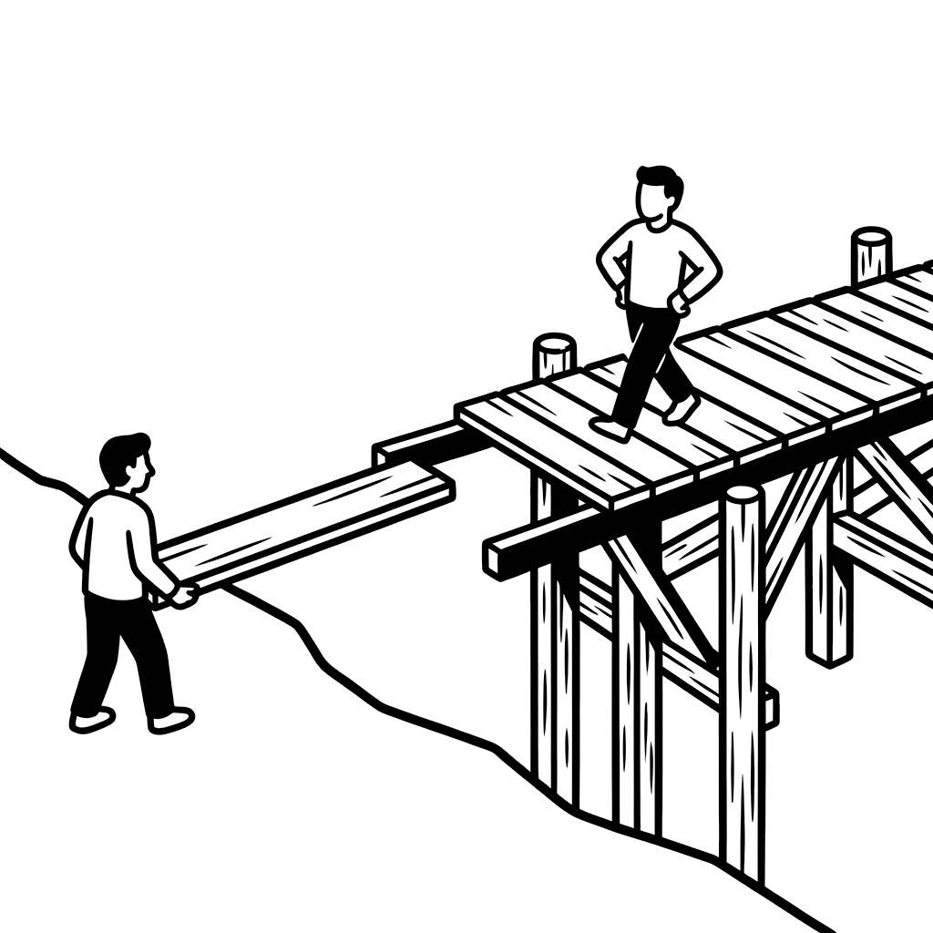 Eine Holzbrücke wird Planke für Planke verlängert, eine Person geht schon auf dem fertigen Teil