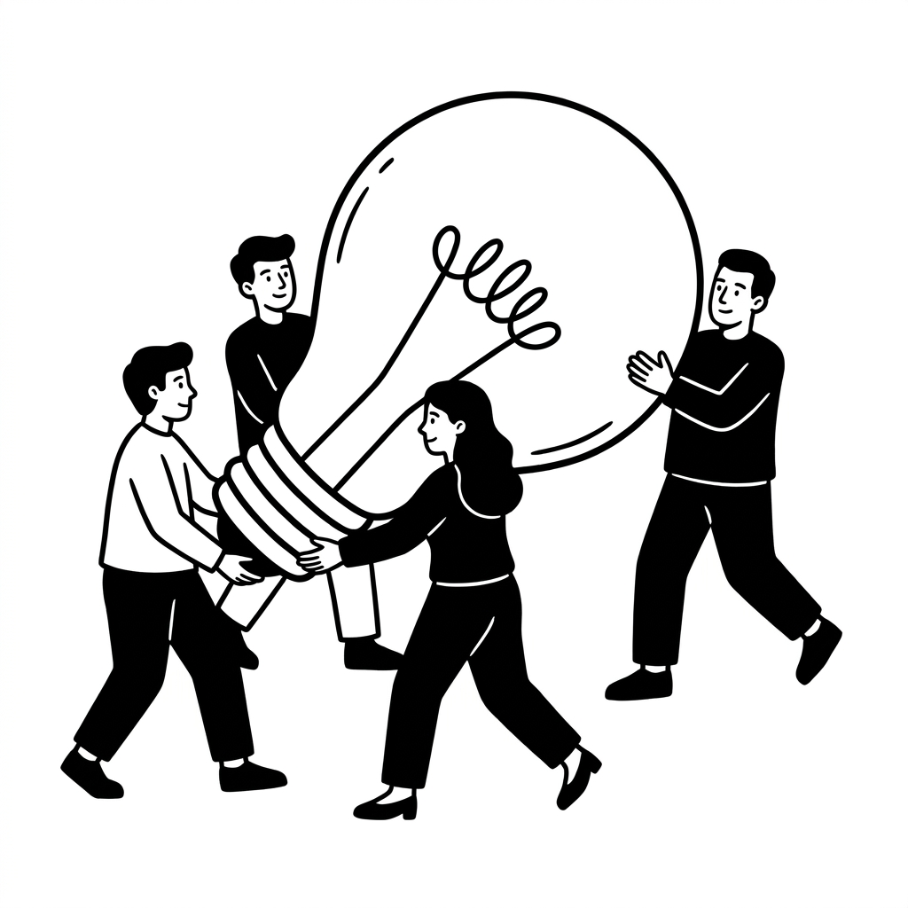Eine Gruppe Menschen trägt gemeinsam eine große Glühbirne