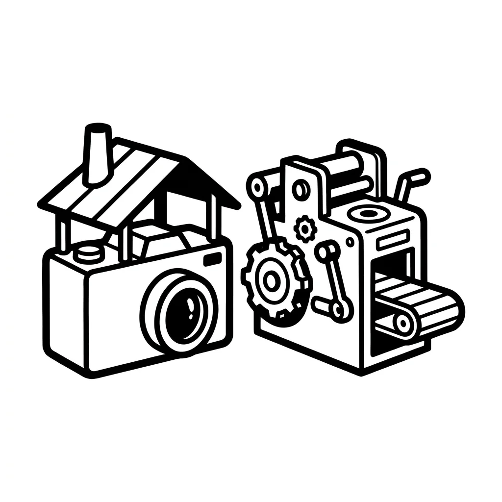 A camera box with a small factory roof above it