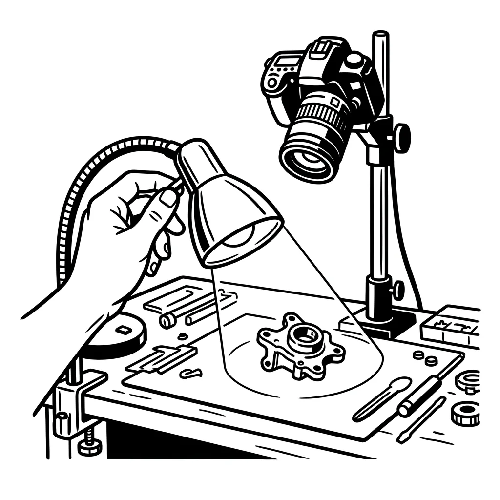 A person aligns a lamp over a component under a camera