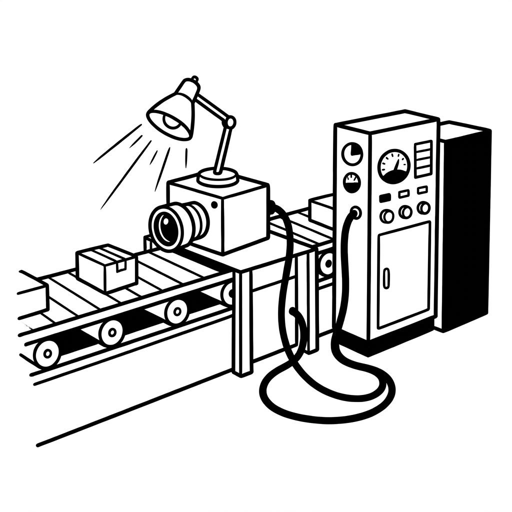 Eine kleine Kamerabox neben einer Fertigungslinie, daneben eine leuchtende Lampe